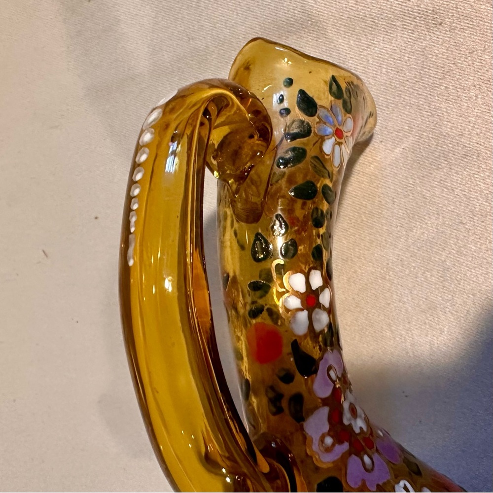 Vintage Hand-Painted Floral Enamelled Amber Hand Blown Glass Vase Pitcher Ewer - Picture 7 of 9